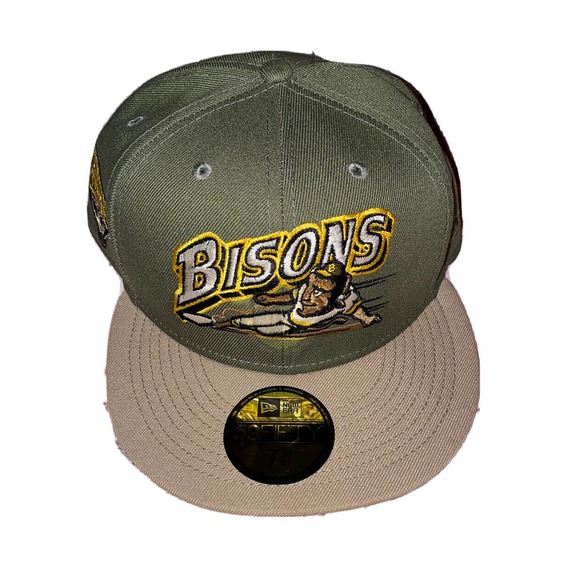 BUFALLO BISONS INTERNATIONAL LEAGUE OLIVE CAMEL‎ BRIM NEW ERA FITTED 7 5/8